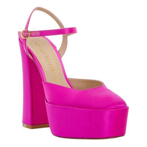 Stuart Weitzman Skyhigh Pink Flamingo Satin Platform Size 8 NWB